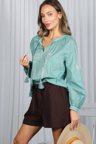 Vine & Love - Bohemian Embroidered Split Neck Blouse Top VT83131