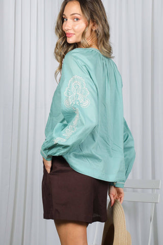 Vine & Love - Bohemian Embroidered Split Neck Blouse Top VT83131