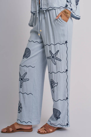 Urban Daizy - Seashell Embroidered Linen Blend Wide Leg Pants