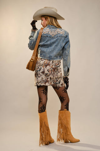 Blue B Western Embroidered Cropped Denim Jacket – Light Wash