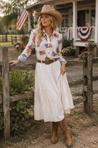 Pink Pineapple - 3/4 Sleeve Cotton Flag Print Blouse in White