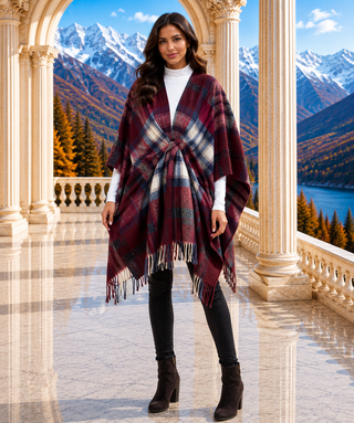 Designer House Plaid Loop Closure Fringe Cape