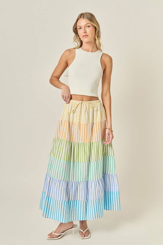 English Factory Pastel Maxi Skirt | Tiered Colorblock Summer Skirt