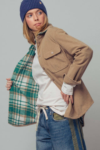 Urban Daizy - Plaid Flannel-Lined Corduroy Shacket