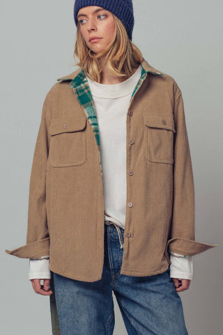 Urban Daizy - Plaid Flannel-Lined Corduroy Shacket