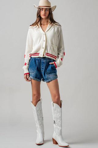 Patriotic American Flag Shawl Collar Cardigan Sweater- Urban Daizy