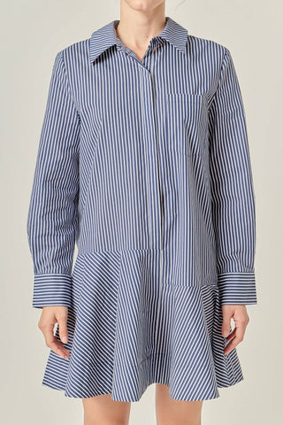 English Factory Stripe Collar Flared Mini Dress | Cotton Blend Shirt Dress