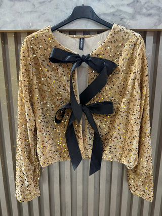 Default Title LOOWIE - VISEQRO Italian One Size Sequin Bow-Tie Cardigan Golden
