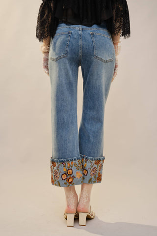 Blue B Embroidered Cuffed Cropped Jeans – Medium Wash