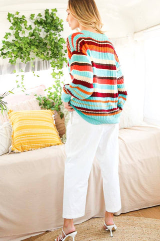V-Neck Multi Color Striped Knitted Sweater