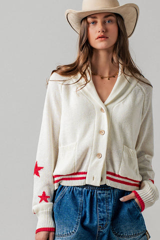 Patriotic American Flag Shawl Collar Cardigan Sweater- Urban Daizy