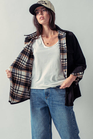 Urban Daizy - Plaid Flannel-Lined Corduroy Shacket