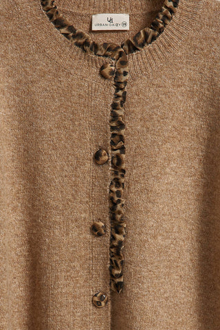 Urban Daizy Leopard Ruffle Trim Knit Cardigan | Camel