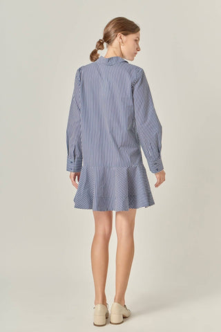 English Factory Stripe Collar Flared Mini Dress | Cotton Blend Shirt Dress
