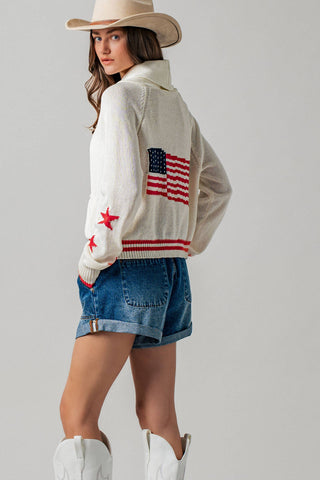 Patriotic American Flag Shawl Collar Cardigan Sweater- Urban Daizy