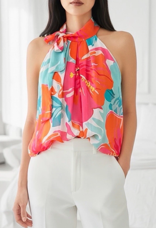 LOOWIE - ESBLSTPHB Italian OS Tropical Hibiscus Bow Halter Blouse