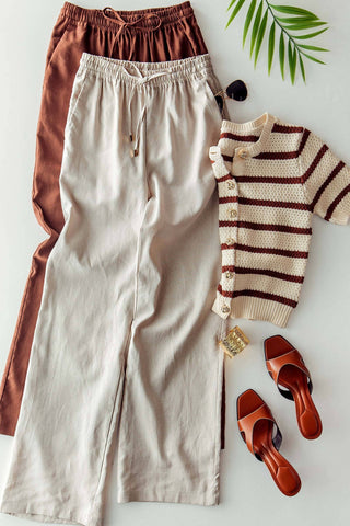 Urban Daizy - Linen Blend Wide Leg Pants Drawstring Waist