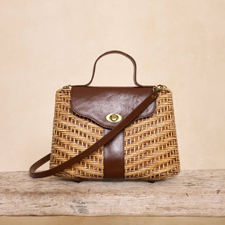 The Winding Road - Dark Brown Leather Strap Rattan Handbag Crossbody
