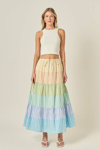 English Factory Pastel Maxi Skirt | Tiered Colorblock Summer Skirt