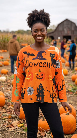 LOOWIE Happy Halloween Graphic Sweater – Orange