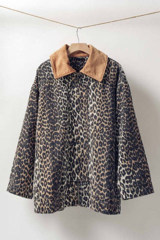 Urban Daizy - Leopard Print Corduroy Collar Barn Jacket