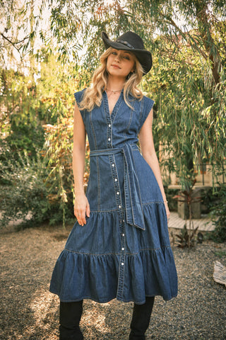 Blue B Belted Button-Up Tiered Midi Dress