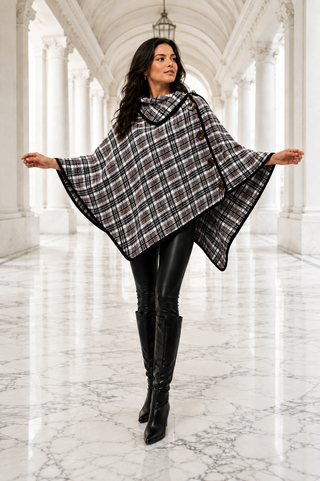 Designer House Plaid Button Front Cowl Neck Capelet