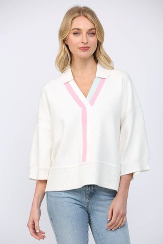 FATE - STRIPED VNECKLINE WITH COLLAR DETAIL 3/4 SLV SWEATER FW15756