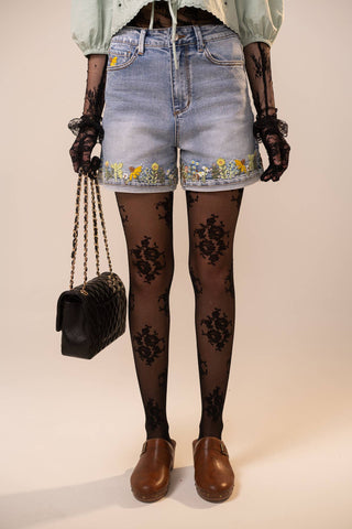 Blue B Floral Embroidered High-Rise Denim Shorts
