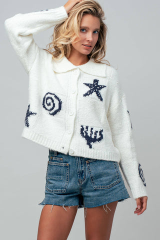 Urban Daizy - Nautical Sea Life Motif Collared Cardigan