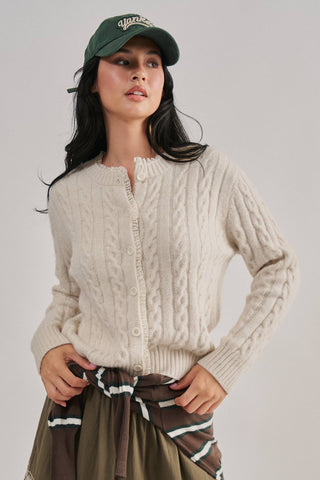 Urban Daizy Ivory Cable-Knit Cardigan with Lace Ruffle Trim