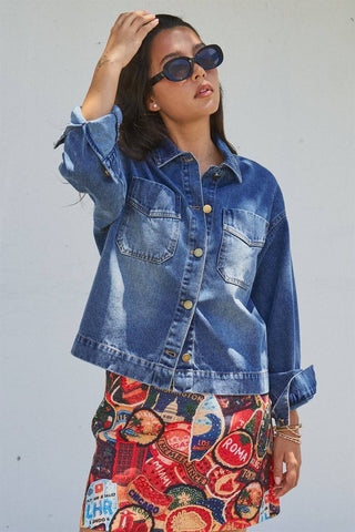 Urban Daizy - Vintage Wash Denim Shirt Jacket With Gold Buttons