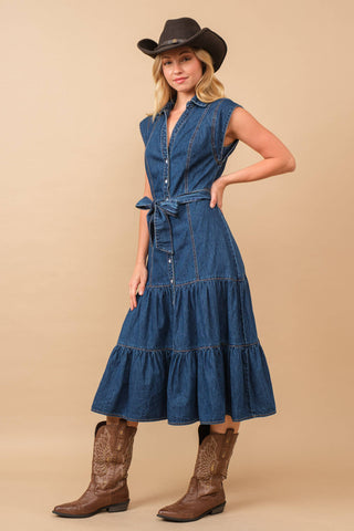 Blue B Belted Button-Up Tiered Midi Dress