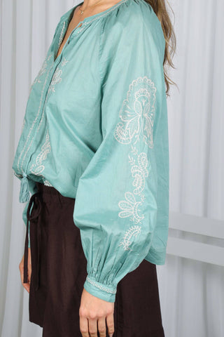 Vine & Love - Bohemian Embroidered Split Neck Blouse Top VT83131