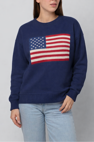 Pink Pineapple - Pink Pineapple Vintage Flag Boyfriend Sweater – 100% Cotton Patriotic Knitampus Boyfriend Flag Sweater In Navy