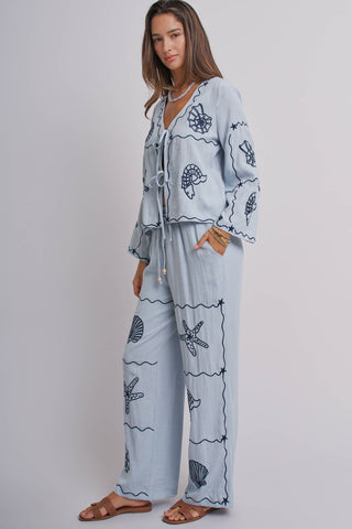 Urban Daizy - Seashell Embroidered Linen Blend Wide Leg Pants