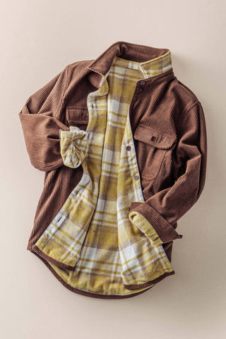 Urban Daizy - Plaid Flannel-Lined Corduroy Shacket