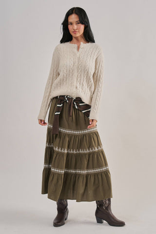 Urban Daizy Ivory Cable-Knit Cardigan with Lace Ruffle Trim