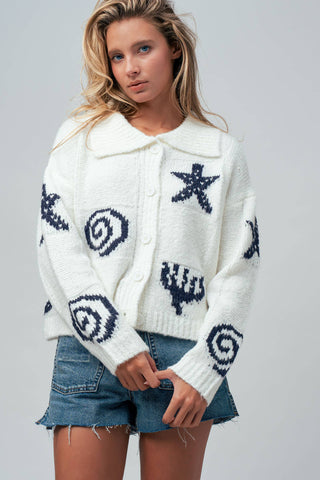 Urban Daizy - Nautical Sea Life Motif Collared Cardigan