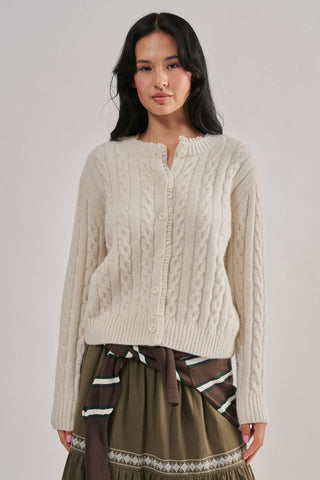 Urban Daizy Ivory Cable-Knit Cardigan with Lace Ruffle Trim