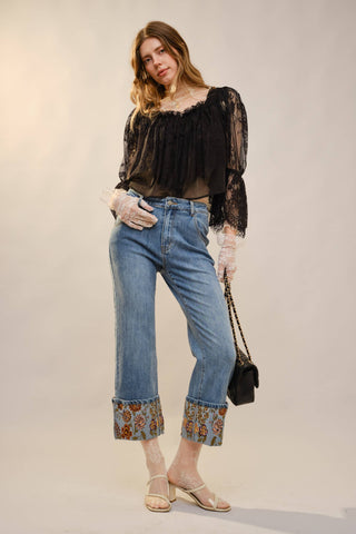 Blue B Embroidered Cuffed Cropped Jeans – Medium Wash