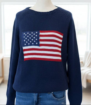 Pink Pineapple - Pink Pineapple Vintage Flag Boyfriend Sweater – 100% Cotton Patriotic Knitampus Boyfriend Flag Sweater In Navy