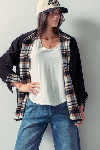 Urban Daizy - Plaid Flannel-Lined Corduroy Shacket