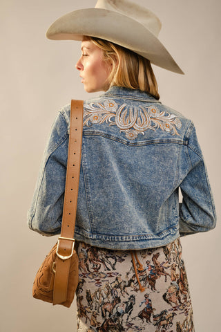Blue B Western Embroidered Cropped Denim Jacket – Light Wash