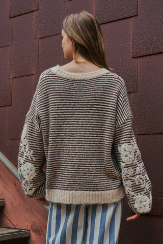 Urban Daizy - Floral Embroidered Striped Knit Sweater