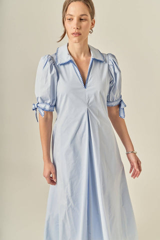 English Factory Stitch Detail Midi Dress | Cotton Puff Sleeve Dress