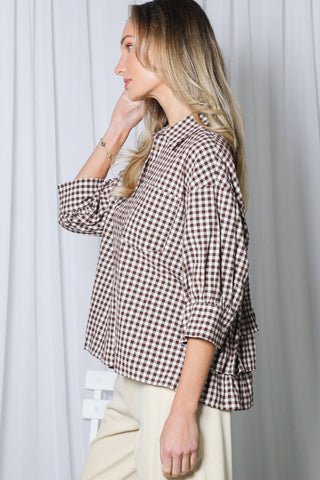 100% Cotton Gingham Shirt Jacket with Ruffle Back | Women's Boutique Fashion