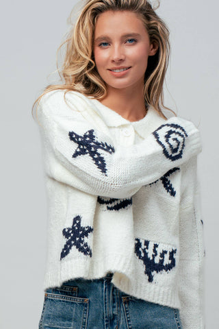 Urban Daizy - Nautical Sea Life Motif Collared Cardigan
