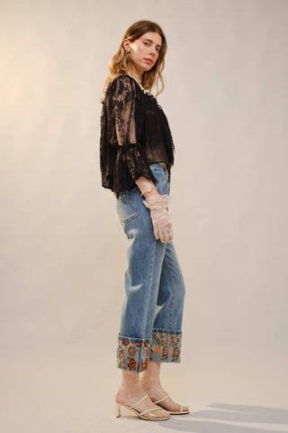 Blue B Embroidered Cuffed Cropped Jeans – Medium Wash