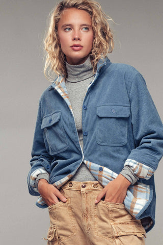 Urban Daizy - Plaid Flannel-Lined Corduroy Shacket